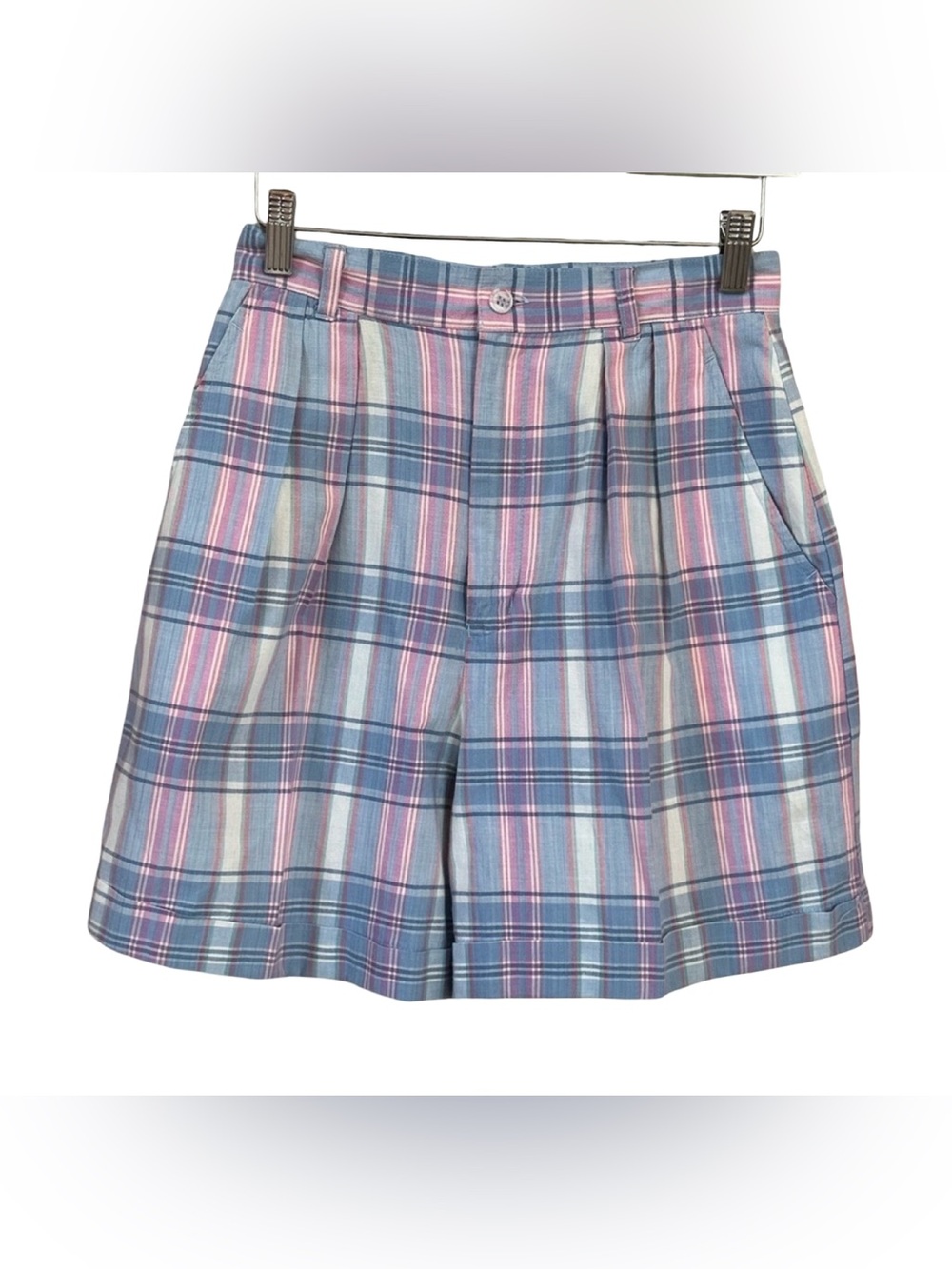 VTG 90s pastel pink purple plaid high-waisted granny chic  preppy shorts 9/10